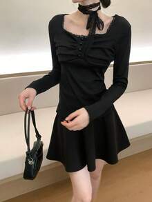 Áo thun dài tay dáng ôm gợi cảm, cắt ngẫu nhiên dành cho nữ - màu đen - Xem 1