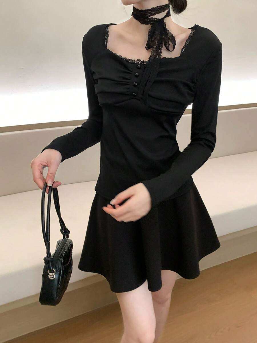 Áo thun dài tay dáng ôm gợi cảm, cắt ngẫu nhiên dành cho nữ - màu đen - Xem 1