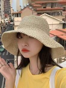 1 chiếc mũ rơm đan móc vành rộng có thể gấp gọn dành cho nữ, kiểu dáng tối giản và đa năng, phù hợp cho kỳ nghỉ hè ở bãi biển. - Mũ rơm - Xem 4