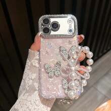 Premium Rhinestone, Pink Pearl, Heart & Butterfly Design Acrylic Hard Phone Case Compatible With Iphone 17 Pro Max/17 Pro/17 Air/17/16 Pro Max/16/16 Pro/16 Plus/15/15 Pro Max/15 Pro/15 Plus/11/12/13/14 Pro Max/11 Pro/11 Pro Max/12 Pro/12 Pro Max/13 Pro/13 Pro Max/7 Plus/14 Pro/14 Pro Max/14 Plus, Creative - 粉紅色珍珠手鍊 - 查看 2