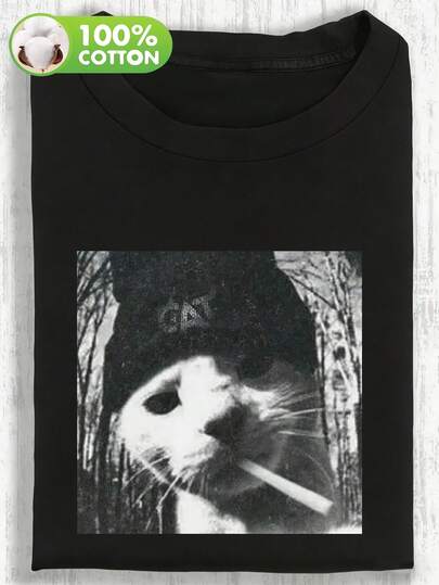 Interesting Cat Graphic Short Sleeve T-Shirt, Unique Small Batch Design Women's Top, Round Neck Tee, Casual Women's Clothing, 100% Cotton Fabric, Comfortable Regular Fit Casual Top, Retro T-Shirt, Women's Regular Fit Apparel, Spring/Summer