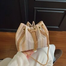 Woven Texture Fashion New One Shoulder Diagonal Handbag, Tote Bag For Work Commute, Drawstring Bucket Bag With Simple Stylish Metal Chain Shoulder Strap - Multicolor - View 3