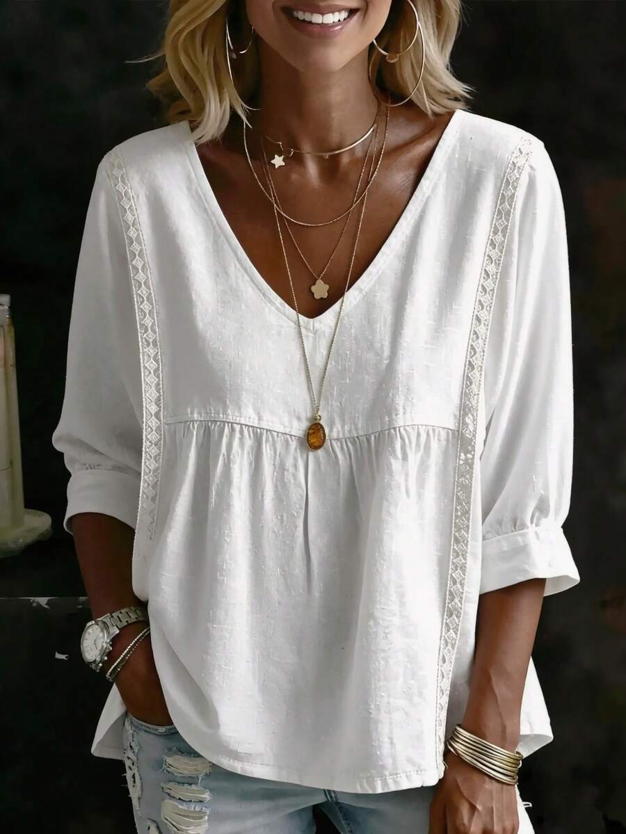 Women's Casual V-Neck Blouse, 3/4 Sleeve, Regular Length, Polyester Fabric, Spring/Summer White - White - View 1