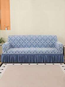 Vỏ bọc ghế sofa bằng vải nhung jacquard với viền chân váy co giãn, chất liệu sợi polyester đơn giản và hiện đại, phù hợp cho phòng khách và gia đình. - Xanh và trắng - Xem 5