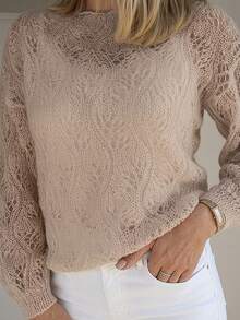休闲镂空套头针织衫，长袖针织上衣，女士度假必备 - 杏色 - 查看 1