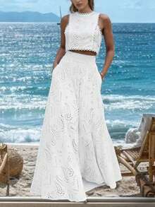 Bộ 2 món: Áo croptop không tay thêu hoa rỗng toàn bộ màu trơn kiểu vintage và chân váy midi chữ A màu trắng mùa hè. - trắng - Xem 9