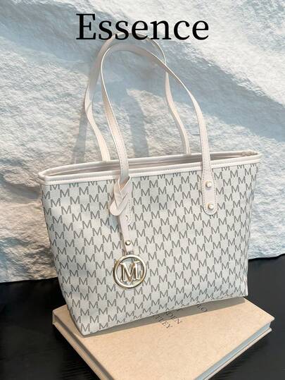 1 件白色复古花卉字母装饰金属五金 PU 手提包，大容量女士单肩包（金属吊坠左/右随机，不固定）