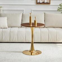 Round Side Table 60cm / Small Dining Table In MDF: Top Made With High Quality Thermoforming Technology, White Grain Appearance, Gold Support Leg – Perfect For European Living Spaces. - Khaki - View 2