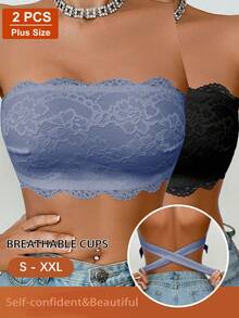 2pcs Strapless Invisible Design Women Lace Patchwork Bras, Jacquard Pattern, Suitable For Wedding, Beach, Casual, Comfortable, Wireless, Thin, Sports - Multicolor - View 1