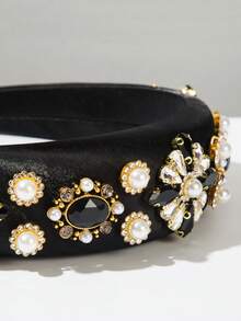 1件韩版时尚清新纯色缎面海绵宽檐高冠女士发箍，饰以奢华优雅的宝石仿珍珠，高品质优雅头饰，百搭明星风发饰，适合夏季、假日、旅行佩戴 - 黑色 - 查看 4