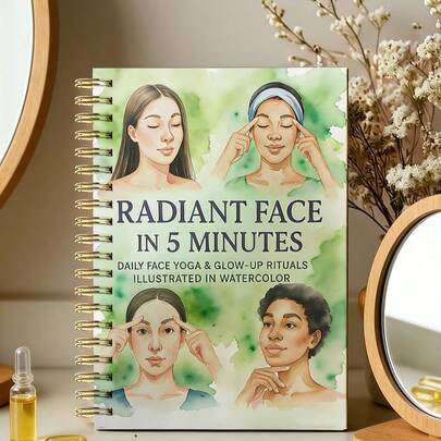 Jurnal de yoga zilnic de 5 minute pentru față: O față radiantă în 5 minute. Ilustrație strălucitoare în acuarelă delicată. Ghid delicat de îngrijire personală pentru femeile ocupate, pentru a stimula strălucirea pielii și a vă relaxa. Cadoul perfect pentru pasionații de îngrijire a pielii și iubitorii de îngrijire personală.