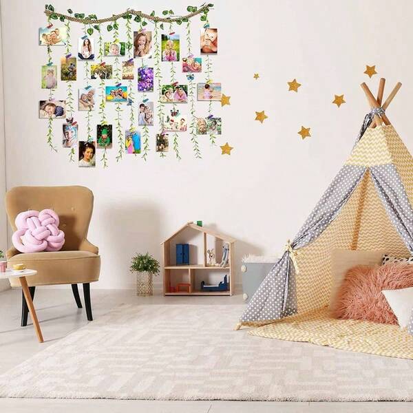 1Set Hanging Photo Display Wall Decor, DIY Hemp Rope Vine Tree Photo Collage Set, Baby Photo Organizer For Nursery Wall Decor, Baby Growth Milestone Picture Display