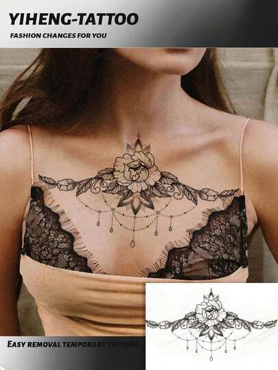 1pc Large Body Art Temporary Tattoo Sticker, Collarbone Tattoo, Underboob Tattoo, Sexy Waist Rose Flower Chain Dot Tattoo Design For Women, Waterproof Fake Tattoo, Black Rose Flower Chain Tattoo, Fashionable Disposable Tattoo Lasts 2-5 Days, Covers Scars, Suitable For Arms, Shoulders, Legs, Waist, Chest, Thighs