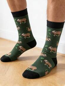 1 Pair Men's Green And Black Contrast Cartoon Sloth Pattern Mid-Calf Socks, And Casual For All Seasons - Multicolor - View 6