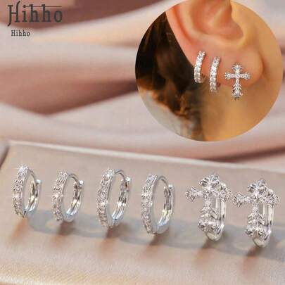 Hihho 6pcs Set Luxury Cross Zirconia Stud Earrings, Carved Cross Textured 3D Intricate Design Paired With Classic Hoop, Full Diamond Symbolizing Brilliance & Confidence, Cross Represents Protection & Strength, Suitable For Multiple Ear Piercings & Interchangeable Wear