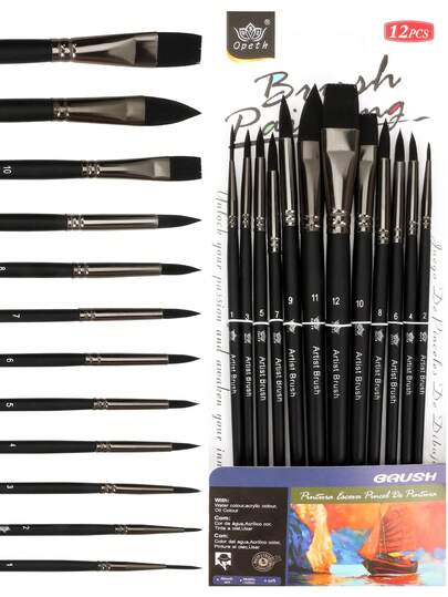opeth Bộ 12 cọ vẽ cán gỗ lông nylon, cọ vẽ graffiti DIY, cọ vẽ sơn dầu acrylic, cọ vẽ màu nước bằng ngón tay, cán gỗ mờ chống trượt, cầm nắm thoải mái.