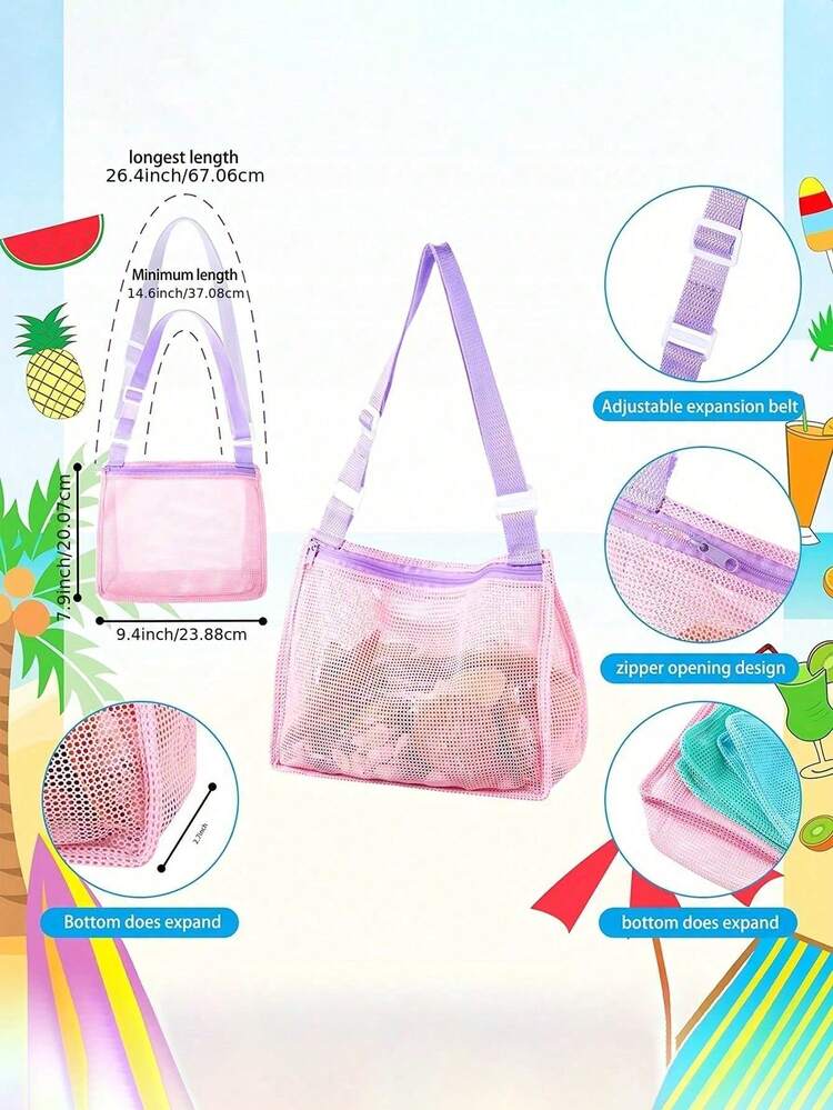 网眼沙滩包，带拉链和可调节肩带，可爱手提包，非常适合收集贝壳、沙滩玩具和游泳配件，可作玩具收纳袋，是男孩女孩夏季旅行必备礼物。 - 彩色 - 查看 9