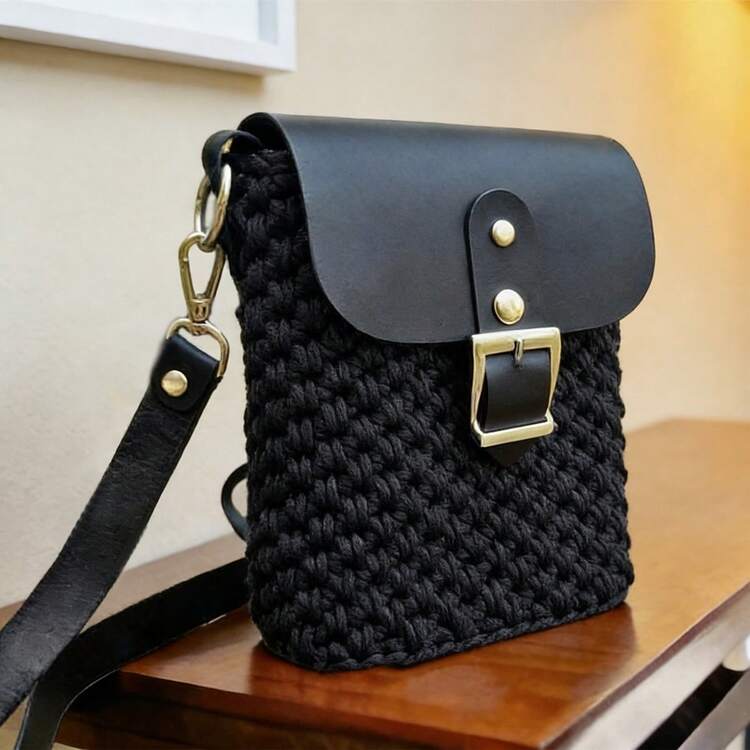 7pcs Crochet Bag DIY Kit, Includes PU Leather Bottom + Strap + Flap With Buckle & Snap + Edging + Hardware, Suitable For Beginner Handmade Weaving, DIY Handbag Making, Handbag Making Supplies, Handmade Women Handbag, Handbag Making Materials - A - View 6