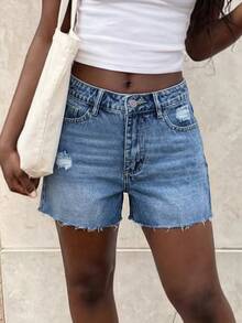 女士时尚休闲水洗浅色牛仔短裤 - 淺色水洗藍 - 查看 5