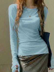 Áo thun dài tay dáng rộng, xắn gấu, chất vải mỏng, ôm sát, thích hợp mặc nhiều lớp vào mùa xuân. - Màu xanh lam - Xem 2