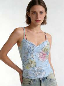 Cccoqdj Women's Elegant Floral Sequin Embroidery Cami Tops  Y2k Sleeveless Spaghetti Strap Open Back Aesthetic Crop Tank Tops Sparkly Party Night Out Festival Wear Streetwear Going Out Tops Soft Casual Camisoles Vacation Outfits Women, Summer Outfits For Women, Spring Outfits For Women - Màu xanh lam - Xem 1