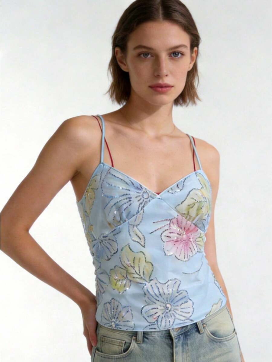 Cccoqdj Women's Elegant Floral Sequin Embroidery Cami Tops  Y2k Sleeveless Spaghetti Strap Open Back Aesthetic Crop Tank Tops Sparkly Party Night Out Festival Wear Streetwear Going Out Tops Soft Casual Camisoles Vacation Outfits Women, Summer Outfits For Women, Spring Outfits For Women - Màu xanh lam - Xem 1