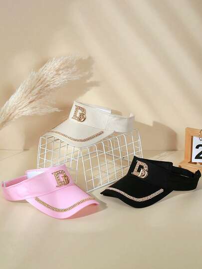 1顶女士奢华水钻字母B无檐帽，轻便透气休闲户外遮阳帽，百搭时尚鸭舌帽，适合日常佩戴，春夏款