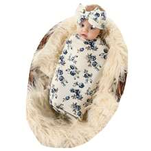 Receiving Blanket Headband Set Flower Print Baby Swaddle Blankets - 藍白色 - 查看 1