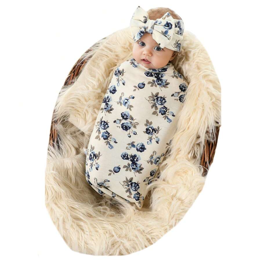 Receiving Blanket Headband Set Flower Print Baby Swaddle Blankets - 藍白色 - 查看 1