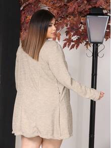 Women's Plus Size Curve Long Ribbed Knit Jacket With Pockets - Elegant Blazer - Autumn Fashion - 淺米色 - 查看 3