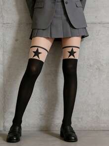 1 par de medias altas y sexys, adecuadas para chicas de moda, diseñadas con un patrón de estrellas en color albaricoque y negro, versátiles para varios estilos - Multicolor - Ver 7
