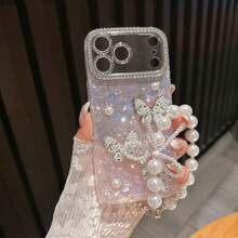Premium Rhinestone, Pink Pearl, Heart & Butterfly Design Acrylic Hard Phone Case Compatible With Iphone 17 Pro Max/17 Pro/17 Air/17/16 Pro Max/16/16 Pro/16 Plus/15/15 Pro Max/15 Pro/15 Plus/11/12/13/14 Pro Max/11 Pro/11 Pro Max/12 Pro/12 Pro Max/13 Pro/13 Pro Max/7 Plus/14 Pro/14 Pro Max/14 Plus, Creative - 粉紅色珍珠手鍊 - 查看 5