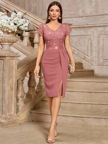 MIUSOL Elegant Sequin Lace Puff Sleeve Ruched Split Thigh Cocktail Party Bodycon Dress,Semi Formal Women Dress,For Wedding Guest, Graduation, Dinner - Dusty Pink - View 8
