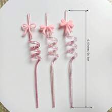 3支装可爱粉色蝴蝶结闪光螺旋吸管 - 可重复使用的塑料卷曲饮料吸管，适用于杯子、咖啡、冰沙、生日派对和婚礼装饰 - 查看 2