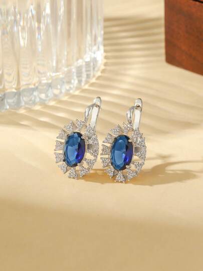 1 Pair Luxury Oval Sapphire Earrings, Full Diamond Starry Silver-Tone Earrings, Vintage Palace Style Jewelry For Wedding, Party, Gift