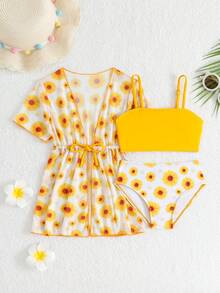 Kleine Mädchen Einfarbiges Camisole Top und Dreieck Bikini Badeanzug Set mit Überwurfkleid - Rötlich-braun - Übersicht 5