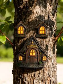 1 Set Wooden Fairy Tale Treehouse 3 Pieces Set, Garden Tree Decor Hanging Ornament, Outdoor Yard Miniature Landscape Accessory - B - View 3