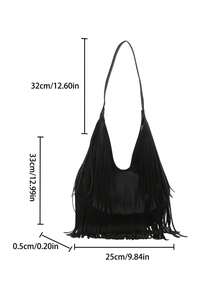 2025 New Casual Retro Large Capacity Suede Fringe Commuter Handbag, Versatile Underarm Shoulder Bucket Bag For Women - Black - View 5