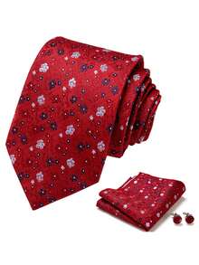 1 Set de corbata, pañuelo de bolsillo y gemelos de 3 piezas con estampado floral para hombres, adecuado para accesorios formales de novio en bodas y atuendo de negocios - colores mezclados - Ver 9