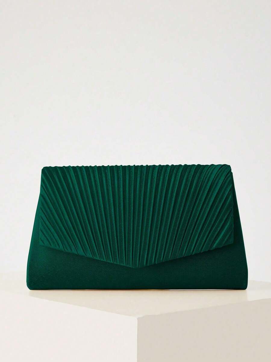 REMANLAND Bolso de mano minimalista de color verde profundo, con decoración de abanico plisado, líneas limpias, textura fina, tono verde profundo, forma de sobre clásica. Un regalo ideal para mujeres - Verde Oscuro - Ver 1