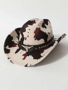 1pc Unisex Polyester Cow Print Cowboy Hat - Leather Rivet Bull Head Decor, Perfect For Horse Riding, Outdoor Travel, Cowboy Party, And Daily Wear - Multicolor - View 4