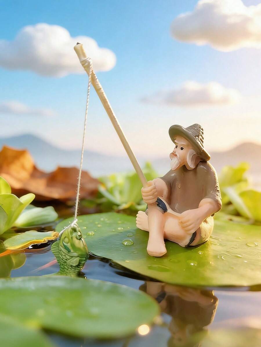 树脂钓鱼老人，迷你钓鱼人雕像，泥塑坐像，梦幻花园迷你装饰，户外装饰，适用于户外池塘和盆景，经久耐用，无需电源，可悬挂于花盆/鱼缸装饰，室内家居花园庭院摆件
