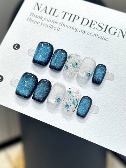 10 Pieces Of Purely Handmade Wearable Nail Tips, Coffin-Shaped Trapezoid Nail Type With Press-On Fake Nails, Fashionable And Popular Style, Hand-Painted Black-Blue And Light Gray Chasing Light Cat-Eye Short Nails, Adorned With Green Diamond Glitter, Blue Star-Shaped Rhinestones, And White Crushed Diamonds, Resembling A Profound Starry Sky. These Are White-Enhancing, High-End Nail Art Fake Nail Tips As Finished Products, Suitable For Women And Girls To Wear Daily, Accompanied By A Nail Set.
