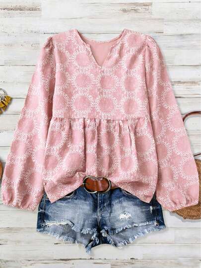 Women's Bohemian Vacation Casual Printed Patchwork V-Neck Elastic Cuff Long Sleeve Blouse Top, Spring/Summer