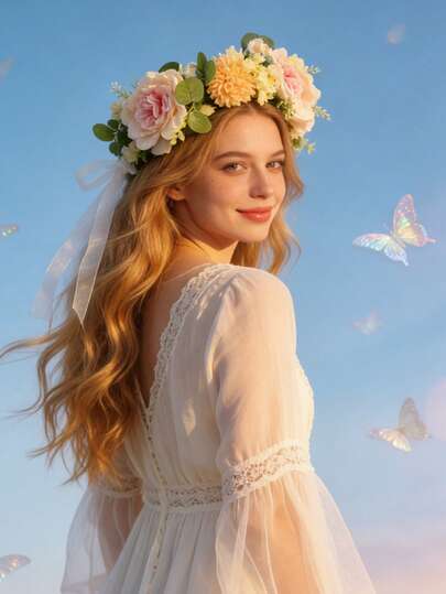 Pink Floral Boho Style Flower Crown, Romantic Wedding Season Headpiece, Flower Wreath, Hair Accessory, Hair Tie, Hair Vine, Hawaiian Vibe, For Women