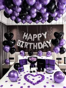 Set de decorațiuni pentru zi de naștere 13/58/558 bucăți, mov și negru - banner argintiu "La mulți ani", balon metalizat negru în formă de inimă + baloane din latex metalizat mov, perfect pentru petrecere tematică K-POP, petrecere de zi de naștere, aniversare, surpriză la hotel, recuzită pentru ședință foto - Stilul 1 - Vizualizare 1