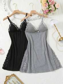 2 Pieces Of Lace Bow Decoration Romantic Side Camisole Vest Pajamas - L - 查看 2