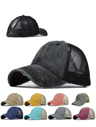 1顶做旧水洗棒球帽，带马尾辫孔，可调节户外防晒休闲帽，适合春秋季旅行、海滩，Y2K风格，年轻人适用