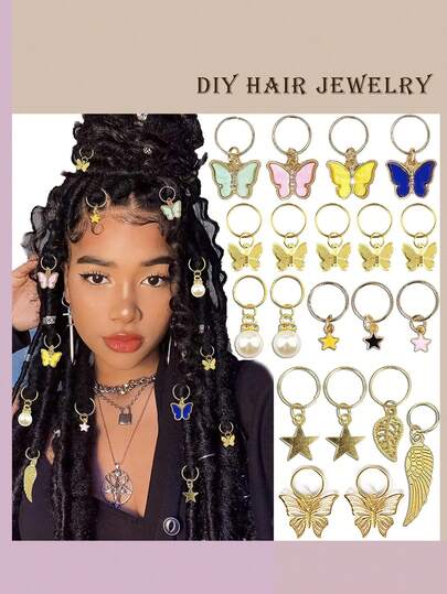 20Pcs Butterfly Braid Clips Crystal Dreadlock Hair Accessories Colorful Butterflies Pendant Charms Pearl Shiny Hair Accessories Star Braid Beads Clips Cuffs Rings Hair Jewelry Gifts