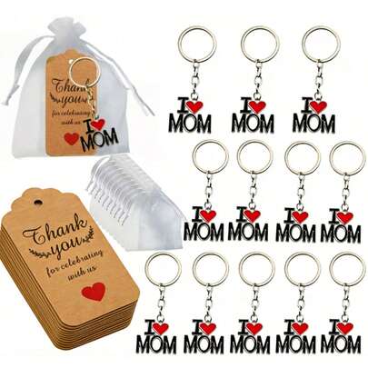 Bộ quà tặng móc khóa "Con yêu mẹ" 15 món/3 món - Bao gồm 5/1 móc khóa, 5/1 thiệp "Cảm ơn" và 5/1 túi vải satin. Bộ sản phẩm này có các móc khóa chữ "Mẹ", rất thích hợp cho các buổi họp mặt gia đình, tiệc sinh nhật của Mẹ, quà tặng Ngày của Mẹ và quà lưu niệm cho khách.